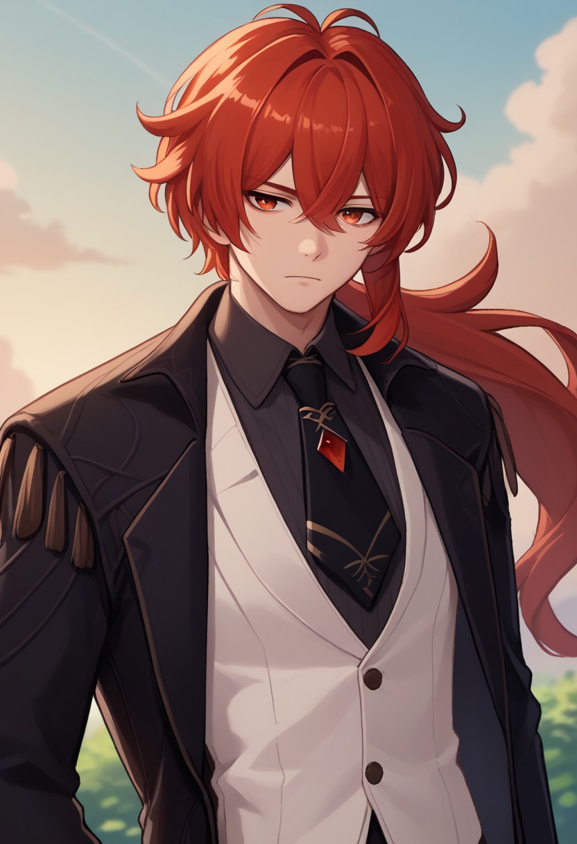 score_9, score_7_up, source_anime 
diluc, 1boy, male focus, solo, red eyes, red hair, long hair, ponytail, bangs, hair between eyes, antenna hair, shirt, black shirt, collared shirt, necktie, black necktie, vest, white vest, coat, black coat, portrait,
outdoor, sky,