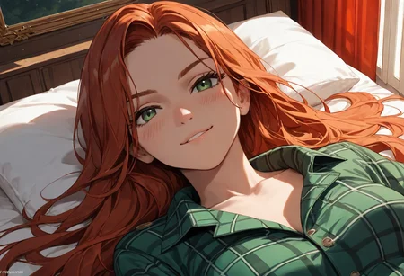 (score_9, score_8_up, score_7_up), zPDXL3, (drawn, wide hips:1.3),1girl, solo, medium breasts, redhead, 
green eyes, long hair, green flannel, shirt, cowboy shot, lying, on bed, on back, baroque hall, baroque bedroom, window, red curtains,
stomach, from above, (face focus, close-up:1.5), blush, looking away,
looking at viewer,
dutch angle, 
smug,