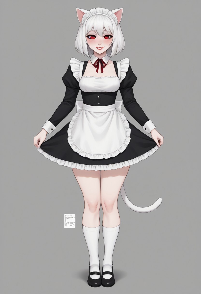 1girl, Whirte hair, White cat ears, white cat tail,  white skin, small boobs, wide hips, maid outfit , ankle socks, red eyes,semi close eyes , smile, lipstick , blush easynegative,ng_deepnegative_v1_75t