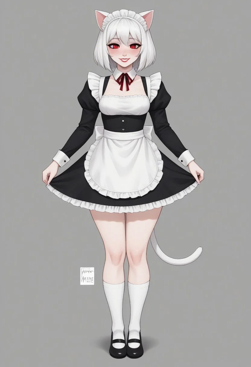 1girl, Whirte hair, White cat ears, white cat tail, white skin, small boobs, wide hips, maid outfit , ankle socks, red eyes,semi close eyes , smile, lipstick , blush easynegative,ng_deepnegative_v1_75t