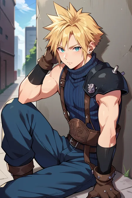 score_9, score_8_up, score_7_up, score_6_up, source_anime, 1boy, male focus, solo BREAK <lora:cloudstrife-pdxl-nvwls-v1-000006:0.9> defCloud, blonde hair, single earring, shoulder armor, sleeveless turtleneck, belt, baggy pants, gloves, boots, sitting, knees, alleyway, looking at you