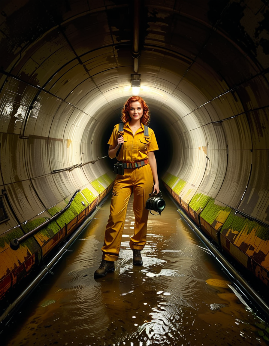 A young woman, April O'Neil, stands confidently in front of a large, circular sewer pipe,L4rg3 s3w3r p1p3. She has vibrant red, shoulder-length wavy hair and wears her iconic bright yellow jumpsuit with utility-style details, such as rolled-up sleeves and visible pockets. A brown utility belt is fastened around her waist. She holds a microphone or a small camera in one hand, highlighting her role as a journalist. Her expression is determined and slightly smiling, radiating courage and curiosity.
The sewer pipe behind her is massive and weathered, with green moss and moisture stains around its edges. The interior of the pipe is dark and shadowy, while the exterior is illuminated by soft natural light. There is a small puddle of water or wet ground in front of the pipe, reflecting faint light.
The background features an urban, industrial setting with worn brickwork surrounding the sewer opening, showing signs of age and decay. Small wild plants and grass grow around the base, adding a touch of nature to the scene.
The lighting is soft and dramatic, with natural sunlight streaming in and casting gentle reflections on the ground and inside the pipe. The image is styled as a semi-realistic illustration with vivid, bright colors for April O'Neil, contrasting with the muted, earthy tones of the background. The overall mood is adventurous and cinematic.<lora:SDXLFaeTastic2400:0.4> <lora:extremely_detailed:0.4> extremely detailed, <lora:L4rg3_s3w3r_p1p3:1>, Masterpiece,best quality,hi res,8k,hi res,8k,award winning,(sharp focus, intricate, highly detailed),