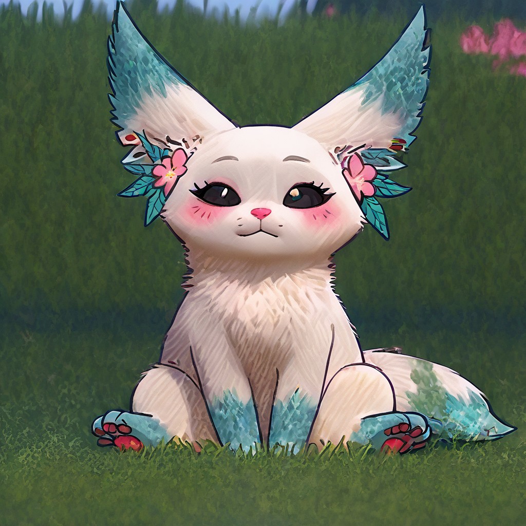 Minto, white fur, black sclera, black eyes, pink nose, paws, tail, turquoise edges at the ears, full body, outdoors, sitting on grass