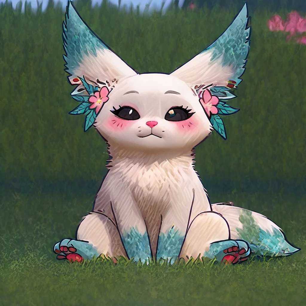 Minto, white fur, black sclera, black eyes, pink nose, paws, tail, turquoise edges at the ears, full body, outdoors, sitting on grass