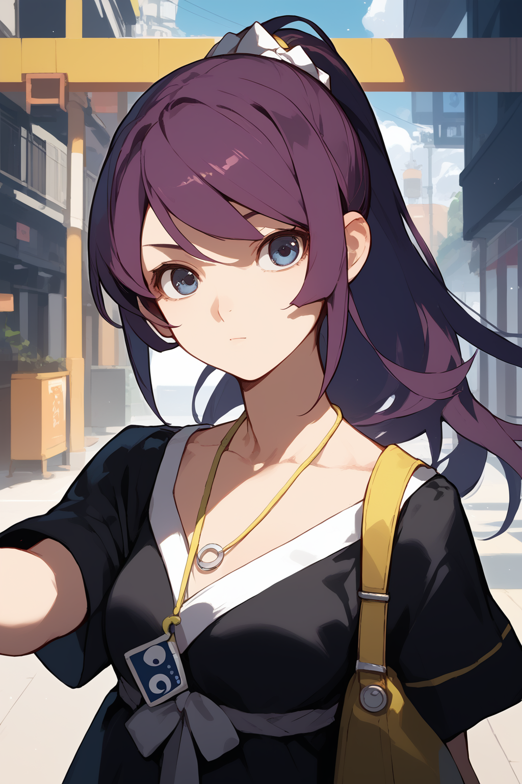 (score_9,score_8_up,score_7_up,),<lora:senjougahara hitagi (1):1>,dangyang,high ponytail,necklace,black dress,source_anime,pointing_at_viewer,purple hair,blue eyes,bag,