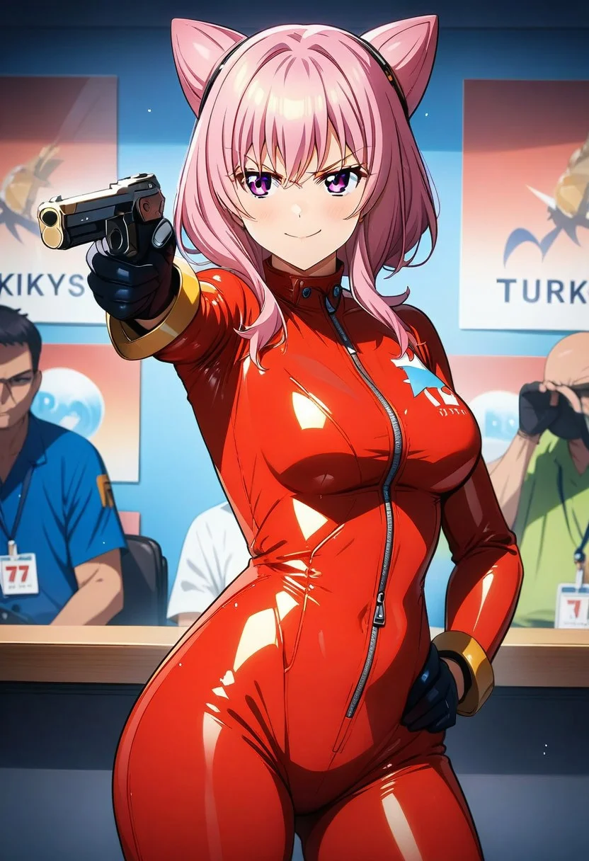 masterpiece, best quality, anime girl, latex suit, Turkish Killer Pose, Pistol hand gesture, aiming
