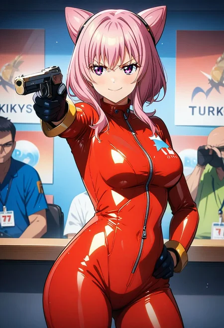 masterpiece, best quality, anime girl, latex suit, Turkish Killer Pose, Pistol hand gesture, aiming