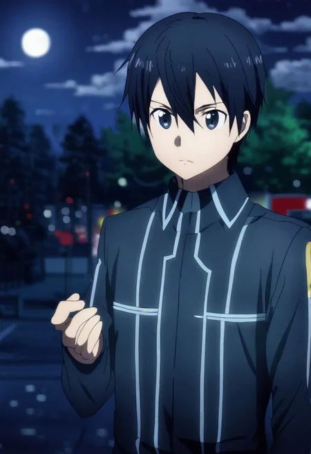 high resolution, professional photography, solo, best quality, 1Boy, Kazuto Kirigaya, Black Hair, Black Eyes, depth of field, bright moon, fantastic night, stary sky, dreamlike, midle of bridge, OverallDetail