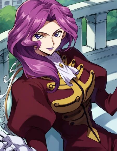 score_9, score_8_up, score_7_up, source_anime,
cornelialibritannia, <lora:cornellia-li-britannia-s1-ponyxl-lora-nochekaiser:1>
cornelia li britannia, purple eyes, purple hair,
ascot, gloves, juliet sleeves, lipstick, long sleeves, makeup, pants, puffy sleeves, purple lips, red pants, red shirt, shirt, white ascot, white gloves,
indoors, smile,
looking at viewer, dutch angle, cowboy shot, solo,