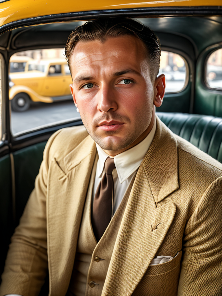 masterpiece, absurdres, high quality, ultra detailed, 4k, Detailed shadows, ultra-sharp, 8k , (best lighting),
30sglamour, 1930s, man in a taxi, looking at viewer,
 <lora:30sglamour-SDXL:1>