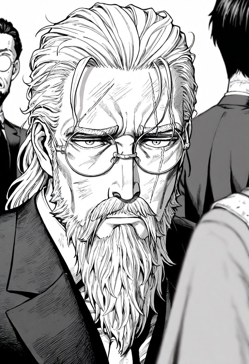 masterpiece, best quality, newest, absurdres, highres, EMPILV1.0, manga, monochrome, greyscale, solo, solo focus,
1boy, glasses, suit, round glasses, beard, facial hair, mustache, scar, scars on face