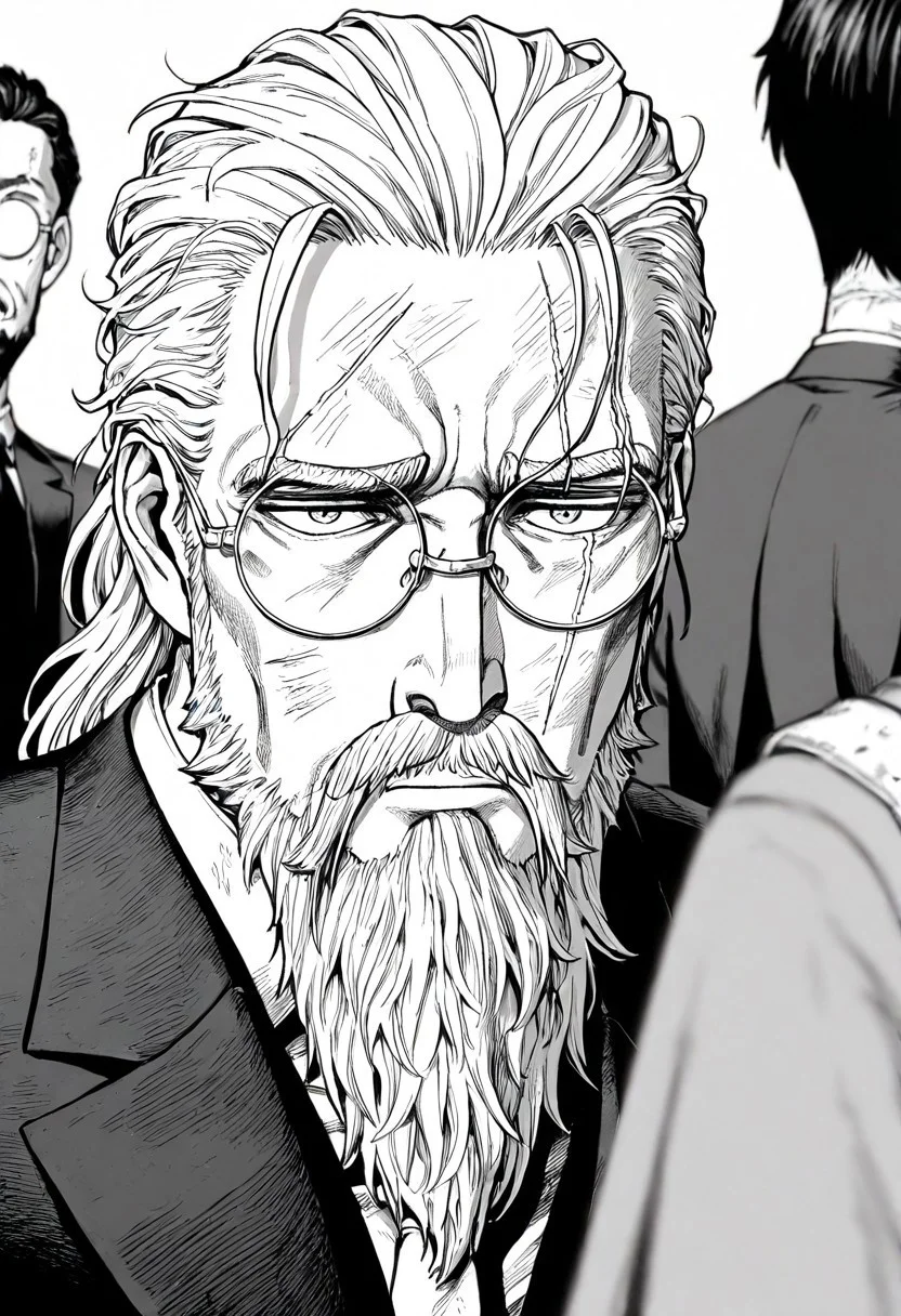 masterpiece, best quality, newest, absurdres, highres, EMPILV1.0, manga, monochrome, greyscale, solo, solo focus,
1boy, glasses, suit, round glasses, beard, facial hair, mustache, scar, scars on face
