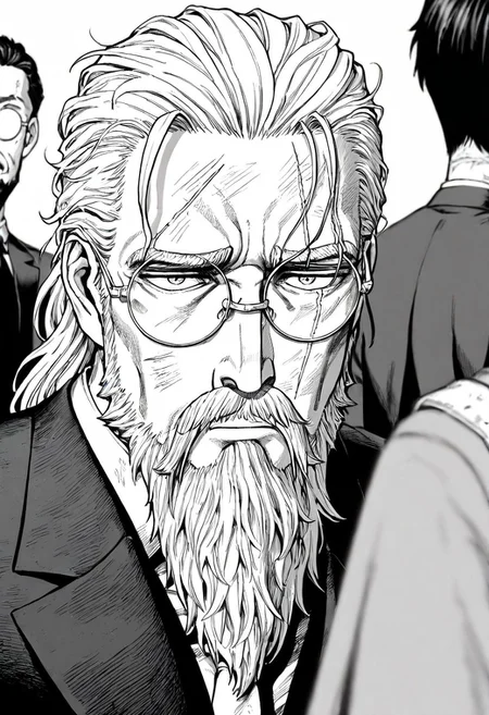 masterpiece, best quality, newest, absurdres, highres, EMPILV1.0, manga, monochrome, greyscale, solo, solo focus,
1boy, glasses, suit, round glasses, beard, facial hair, mustache, scar, scars on face