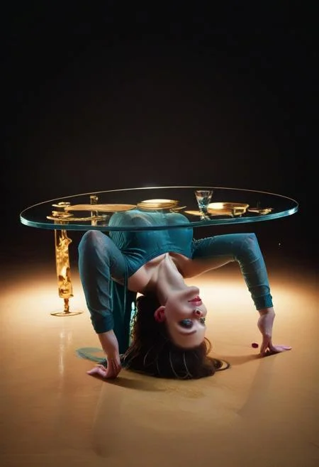 score_9, score_8_up, score_7_up, rating_safe, concept art, semi-realistic, 1girl, solo.
Young beautiful face, fit body, Sexy body.
Forniphilia, human table (Pose), Glass table,
((Arched back))