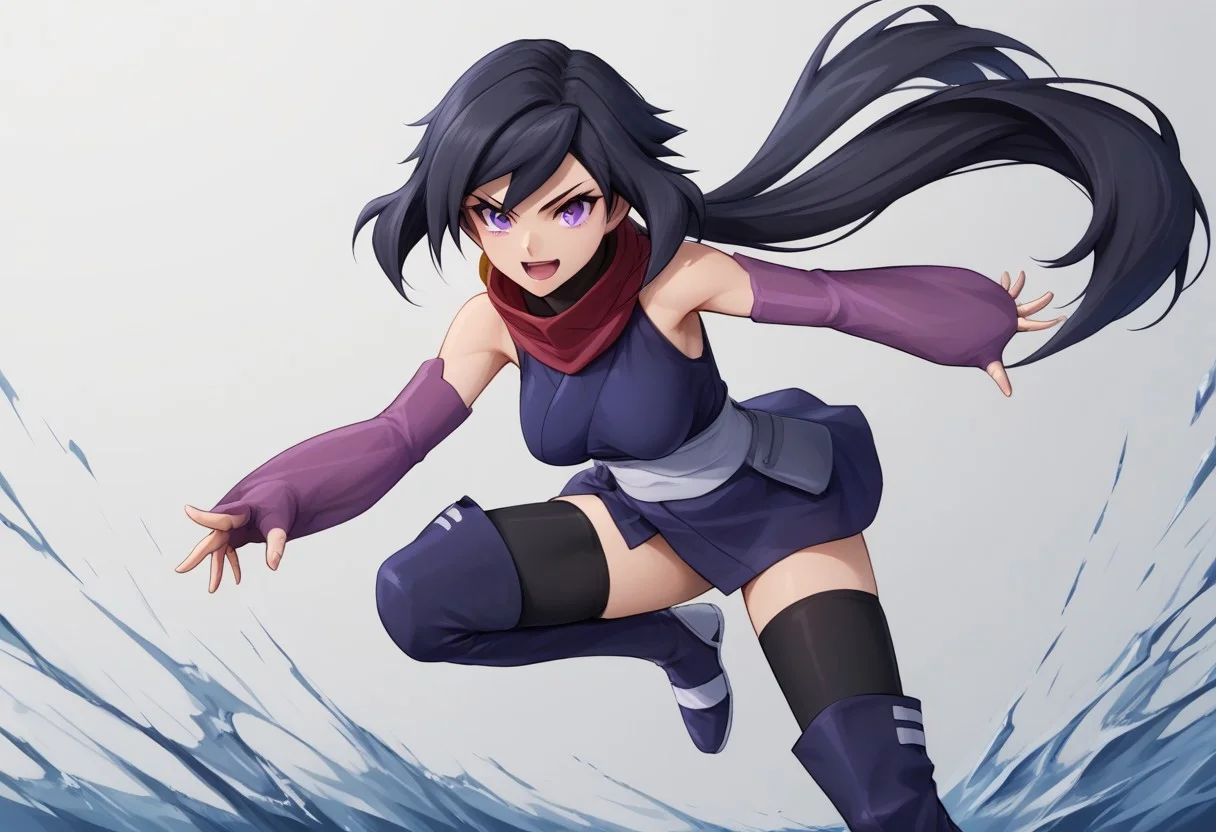 score_9, score_8_up, score_7_up, source_anime, good anatomy, detailed face, beautiful face, 11girl, solo, AyameGBD, black hair, long hair, split ponytail, ponytail, very long hair, purple eyes, bare shoulders, zettai ryouiki, ninja, dark blue kimono, white obi, black thighhighs, thighhighs under boots, dark blue kneeboots, white sandals, detached sleeves, elbow gloves, fingerless gloves, long purple gloves, no mask, unworn mask, red scarf, leaping, one knee up, one leg up, mouth open, smiling, fluttering kimono, kimono aside, fighting stance