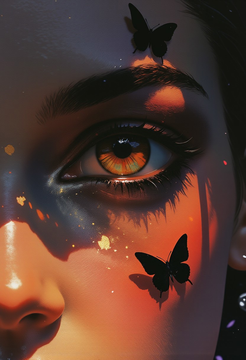 (hyper-realistic photograph, extreme detailing) A striking close-up of a single eye, the focus sharp and intense. The iris is a mesmerizing amber, almost luminescent, with intricate golden striations, while the pupil is a deep obsidian black, creating a dramatic contrast. The eyelashes, thick and delicately curled, shimmer in a rich midnight purple hue, standing out against the surrounding skin.
The skin is a warm, deep bronze with extreme pigmentation, adorned with a constellation of dark freckles across the cheek and brow, adding depth and a natural, imperfect beauty. Around the eyes, bold makeup is applied in dark, dramatic shades, with heavy eyeliner accentuating the sharp, captivating gaze. Black butterfly stickers are placed around the cheeks, each one intricate and delicate, their wings adding a touch of whimsy to the otherwise fierce and powerful look.
The background is an ethereal blend of smoky charcoal and soft violet, subtly fading into an inky black at the edges, creating a dramatic, cinematic depth that complements the subject's intense gaze. The interplay of light and shadow emphasizes the intricate textures of the skin, lashes, and makeup, capturing the bold contrast of the vibrant tones.
The composition radiates raw emotion, blending beauty with a sense of mystery and allure, creating a hyper-realistic portrayal that commands attention.