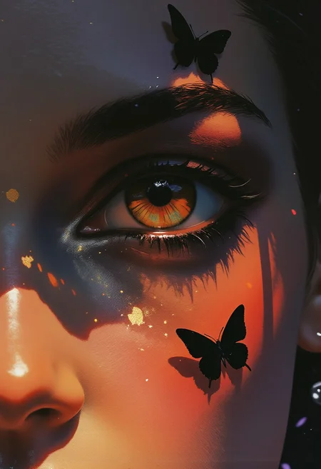 (hyper-realistic photograph, extreme detailing) A striking close-up of a single eye, the focus sharp and intense. The iris is a mesmerizing amber, almost luminescent, with intricate golden striations, while the pupil is a deep obsidian black, creating a dramatic contrast. The eyelashes, thick and delicately curled, shimmer in a rich midnight purple hue, standing out against the surrounding skin.
The skin is a warm, deep bronze with extreme pigmentation, adorned with a constellation of dark freckles across the cheek and brow, adding depth and a natural, imperfect beauty. Around the eyes, bold makeup is applied in dark, dramatic shades, with heavy eyeliner accentuating the sharp, captivating gaze. Black butterfly stickers are placed around the cheeks, each one intricate and delicate, their wings adding a touch of whimsy to the otherwise fierce and powerful look.
The background is an ethereal blend of smoky charcoal and soft violet, subtly fading into an inky black at the edges, creating a dramatic, cinematic depth that complements the subject's intense gaze. The interplay of light and shadow emphasizes the intricate textures of the skin, lashes, and makeup, capturing the bold contrast of the vibrant tones.
The composition radiates raw emotion, blending beauty with a sense of mystery and allure, creating a hyper-realistic portrayal that commands attention.
