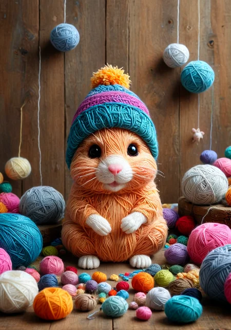 realistic, digital illustration of a funny scene of a made of yarn hamster yrnwrld, background hat enhances the vivid colors and intricate details, , , Yarnworld <lora:- SDXL - vanta-black_contrast_V3.0.safetensors:0.5:0.5> <lora:Yarnworld-000017.safetensors:0.9:0.9> <lora:aidma-Image Upgrader-v0.1.safetensors:0.4:0.4>