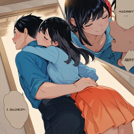 highres,ultra-detailed,illustration,colorful,masterpiece,extremely detailed,8k , manga art style , multiple panels , (1girl , black hair , orange skirt , cute face ) , (1boy , black hair , blue shirt) , boy hugs girl from behind , kisses neck , soft lighting , absurdes