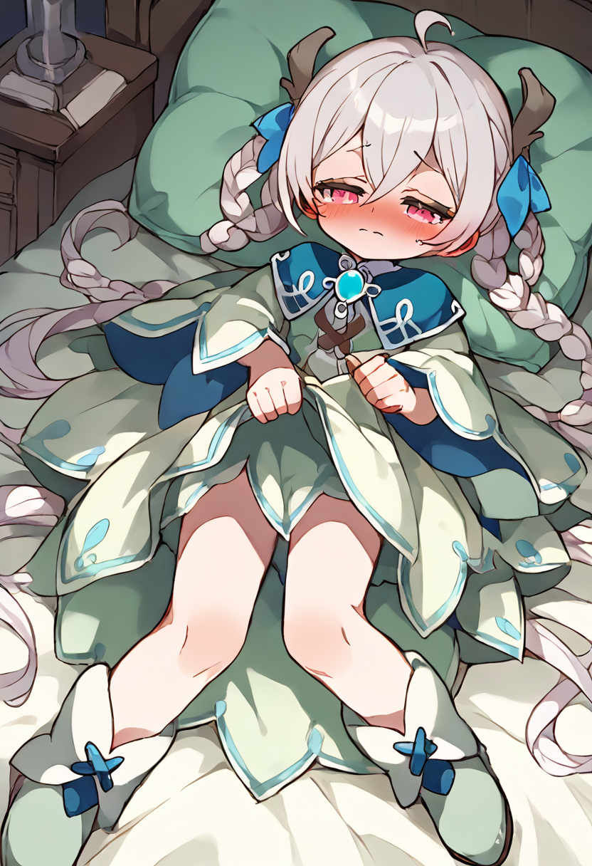 score_9,score_8_up,score_7_up,source_anime,zPDXL3,
*//*,<lora:Lynn_v1.0:1>,lynn,white hair,dress,boots,
*//*,bedroom,nervous,blush,half-closed eyes,lying,on back,(half undress,undressing:1.2),