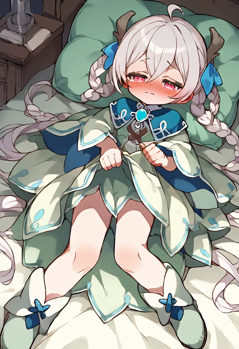 score_9,score_8_up,score_7_up,source_anime,zPDXL3,
*//*,<lora:Lynn_v1.0:1>,lynn,white hair,dress,boots,
*//*,bedroom,nervous,blush,half-closed eyes,lying,on back,(half undress,undressing:1.2),