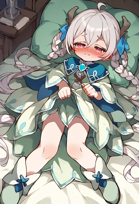 score_9,score_8_up,score_7_up,source_anime,zPDXL3,
*//*,<lora:Lynn_v1.0:1>,lynn,white hair,dress,boots,
*//*,bedroom,nervous,blush,half-closed eyes,lying,on back,(half undress,undressing:1.2),