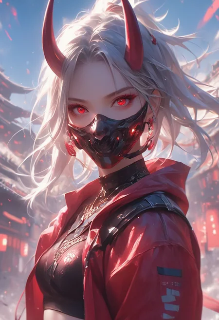 WLOP art style, Digital painting style visual effects, real humans, (Korean girl), Temari, looking at the audience, female, ((With straight one pair Oni Horns on On the forehead)), (((solo))), Innocent eyes and smile, ((((folded double pigtails)))) ,white hair, short hair, (fluffy very short (spiky pigtails)), ((abs)), ((((navel exposed)))), (Face mask), ((abs)), ((((navel exposed)))), black short Hoodie, red long-sleeved top, tight denim hot pants, long legs, clear face, ruby red eyes, holding a gun, gun in hand, looking up, bright eyes, clarity, movie shot, (full body), complex Details, 8k post-production, faithful and colorful movies,