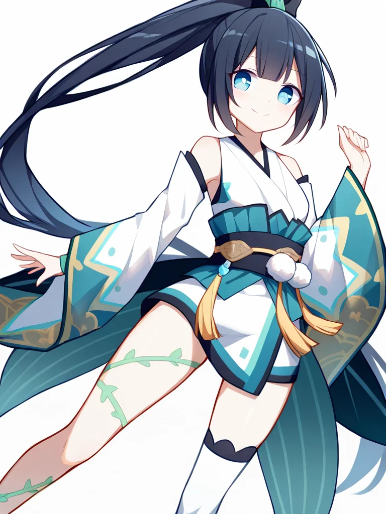 1girl,single thighhigh,solo,yingcao,white background,simple background,,smile,blue eyes,quan \(kurisu tina\),<lora:yingcao-000012:0.8>, masterpiece, best quality, very aesthetic, absurdres