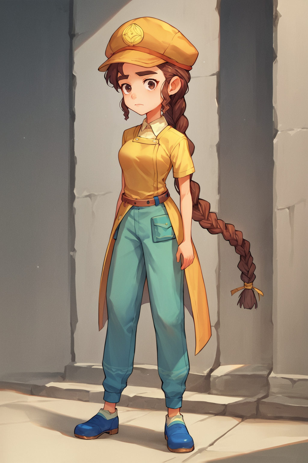 score_9, score_8_up, 1girl, source_anime, <lora:NSNoraPortia:1> NSNoraPortia, brown hair, thick eyebrows, brown eyes, braid, very long hair, yellow cabbie hat, yellow shirt, blue footwear, belt, pants