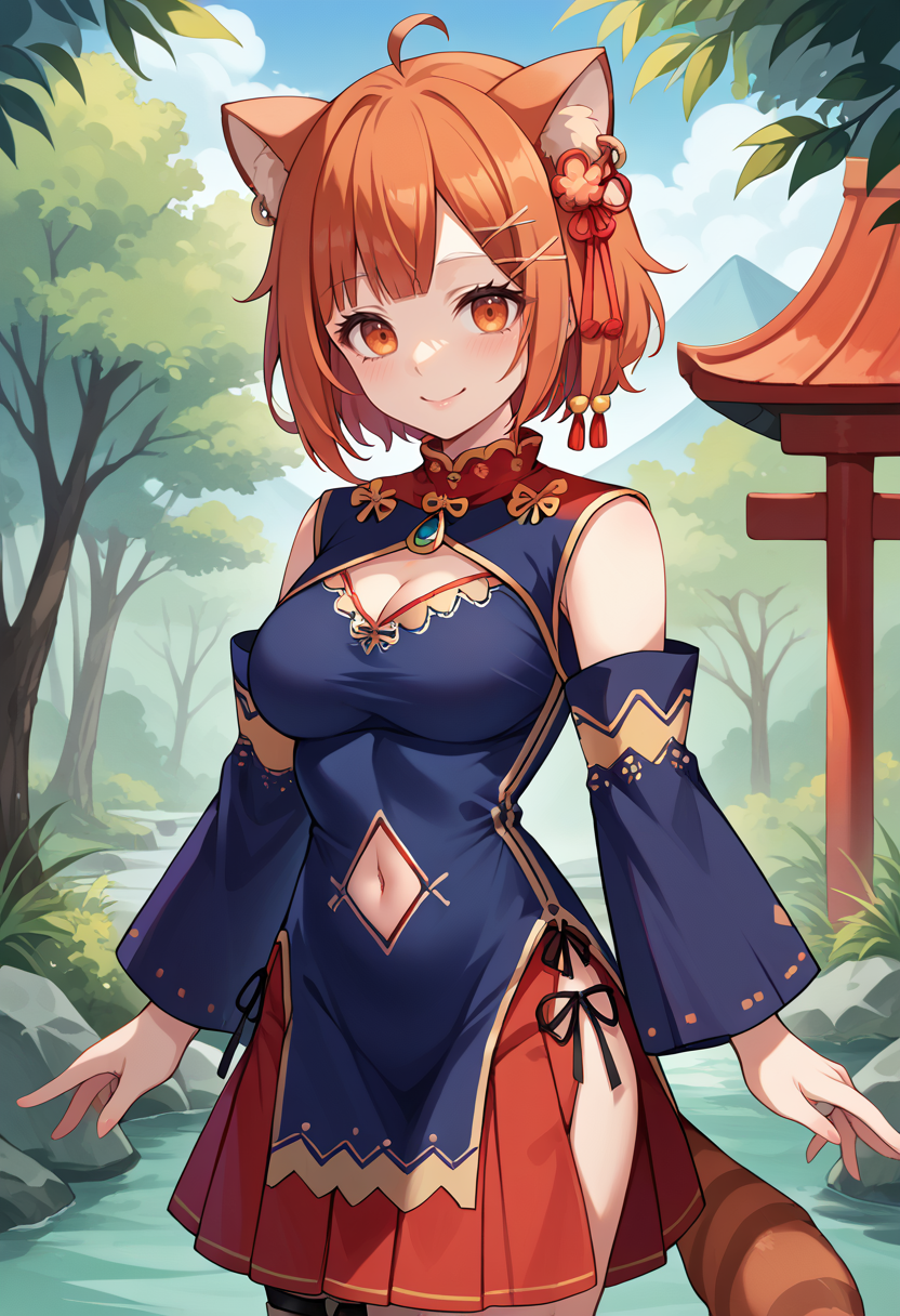score_9, score_8_up, source_anime, 1girl, solo, RatnaChn, orange eyes, animal ears, orange hair, short hair, ahoge, x hair ornament, earrings, hair ribbon, red ribbon, china dress, blue dress, cleavage cutout, bare shoulders, detached sleeves, navel cutout, red skirt, hip vent, thigh strap, white thighhighs, tail, outdoors, shrine, smile, <lora:ChamRatnaPetitPonyXL:1>