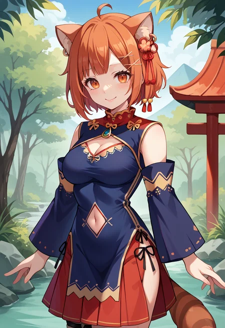 score_9, score_8_up, source_anime, 1girl, solo, RatnaChn, orange eyes, animal ears, orange hair, short hair, ahoge, x hair ornament, earrings, hair ribbon, red ribbon, china dress, blue dress, cleavage cutout, bare shoulders, detached sleeves, navel cutout, red skirt, hip vent, thigh strap, white thighhighs, tail, outdoors, shrine, smile, <lora:ChamRatnaPetitPonyXL:1>