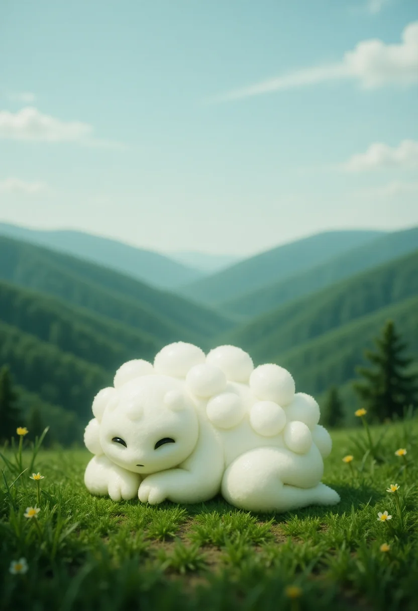 A small Kodama forest spirit lies curled up on a patch of soft grass at the top of a quiet hill. Its body is round and puffy, made entirely of fluffy white cloud, with gentle curves and a light, airy texture that shifts slightly with the breeze. Its surface is soft and smooth, resembling a cluster of cumulus clouds gathered into a compact form. The Kodamaâs closed eyes are barely visible, suggested only by faint indentations in the cloud, and a peaceful expression is implied by the relaxed posture. Wisps of vapor drift from its sides as it sleeps. In the background, rolling green hills stretch into the distance under a pale blue sky, with thin trails of cloud scattered across the horizon and a few wildflowers swaying gently nearby. <lora:Kodama_V1:1>