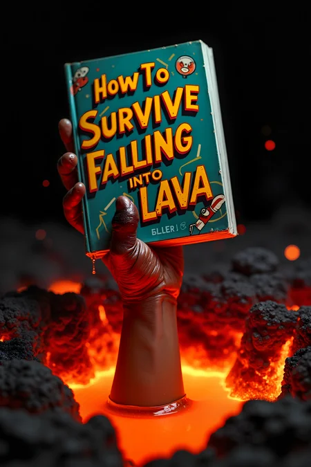 A striking image capturing the surreal and darkly humorous scene of a hand emerging from a pool of molten lava, gripping a book titled "How to Survive Falling into Lava." The hand, with its skin appearing singed and covered in cracks, is desperately outstretched, with the lava bubbling and churning around it. The book, surprisingly intact despite the fiery surroundings, has a bright, bold title that contrasts with the intense orange and red hues of the lava. The cover of the book might feature cartoonish illustrations or a playful design, adding an ironic twist to the otherwise dire situation. The lighting in the scene highlights the intense heat radiating from the lava, with the glowing, molten surface reflecting off the book's cover and the hand, creating a vivid and almost surreal atmosphere.
