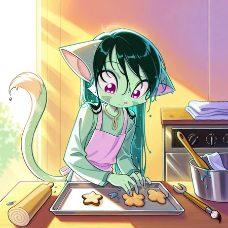 score_9, score_8_up, score_7_up,lilith_calah,
1girl,solo,furry,tail,dark green hair, source_furry,
,<lora:lilith_calah_illustrious:0.8>,
child, kid,
clay, rolling_pin, cookie_cutter, paintbrush, acrylic_paint, table, apron, oven_tray, ribbon, beads, sunlight, towel
Scene: A sunny kitchen table where someone rolls out soft clay with a tiny rolling pin, pressing a flower-shaped cookie cutter into it to form a pin. A paintbrush adds pastel colors, an oven tray waits to bake the piece, and a towel wipes sticky fingers. Beads and a ribbon lie ready to thread through, sunlight glints off the wet clay, and the little creation looks ready to bloom into a cute accessory