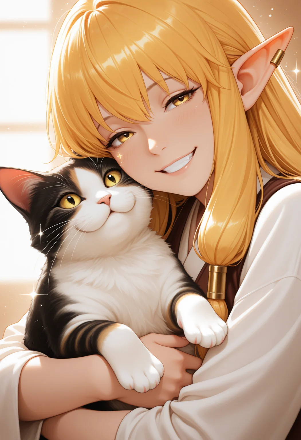 masterpiece, best quality, 1girl, solo, S3ri3, yellow eyes, blonde hair, long hair, hair tubes, ear bar, sparkles, big smile, wholesome, hugging, hug, hugging cat, cat, looking at cat, <lora:ChamSerieNoob:1>