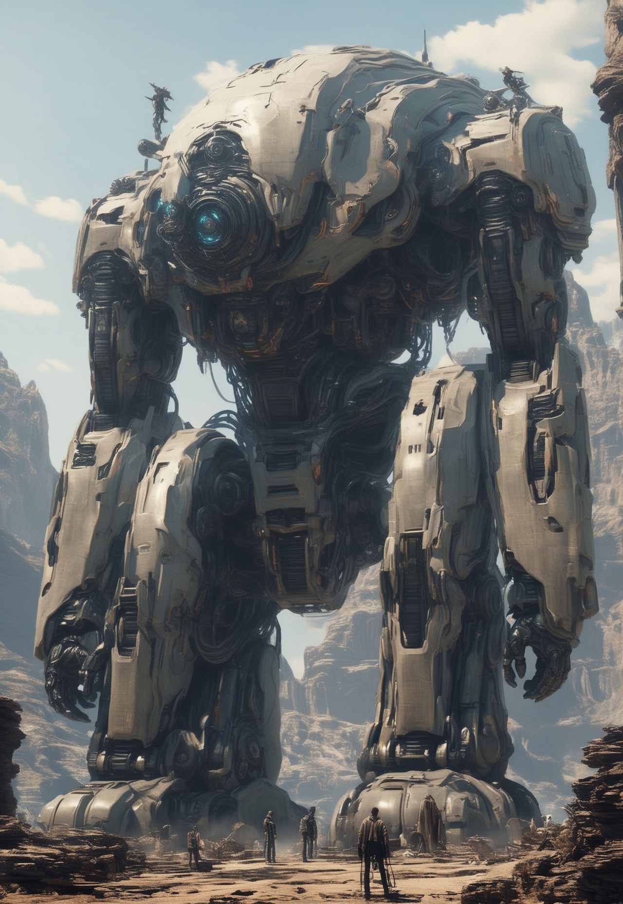 cpunk, 
1man, standing in front of big robot, sci fi, man has sci fi arms,