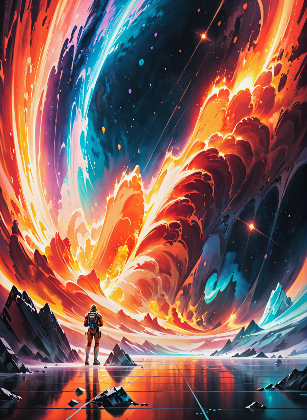 ((Cinematic film screensaver)), (((futuristic picture))), (birth of the planet), celestial action scene, science fiction film Solaris, story Stanislav Lem, science fiction space, science fiction story about space travel, volcano planet, ((fire)), air currents, water drops, painted world, colorful splashes,  <lora:Painted World:0.7>, tender, soft pastel colors, soft natural volumetric light, atmospheric, sharp focus, centered composition, complex background, soft haze, masterpiece, animalistic, beautiful, tiny detailed, ultra fine, dramatic lighting, (full body realistic photo), ((frame filled with various details)), soft lighting, (Highly Detailed:1.6), <lora:add-detail-xl:1.2>, ((professional photo)), ((64 megapixels)), HDR, (((ultra high quality))).