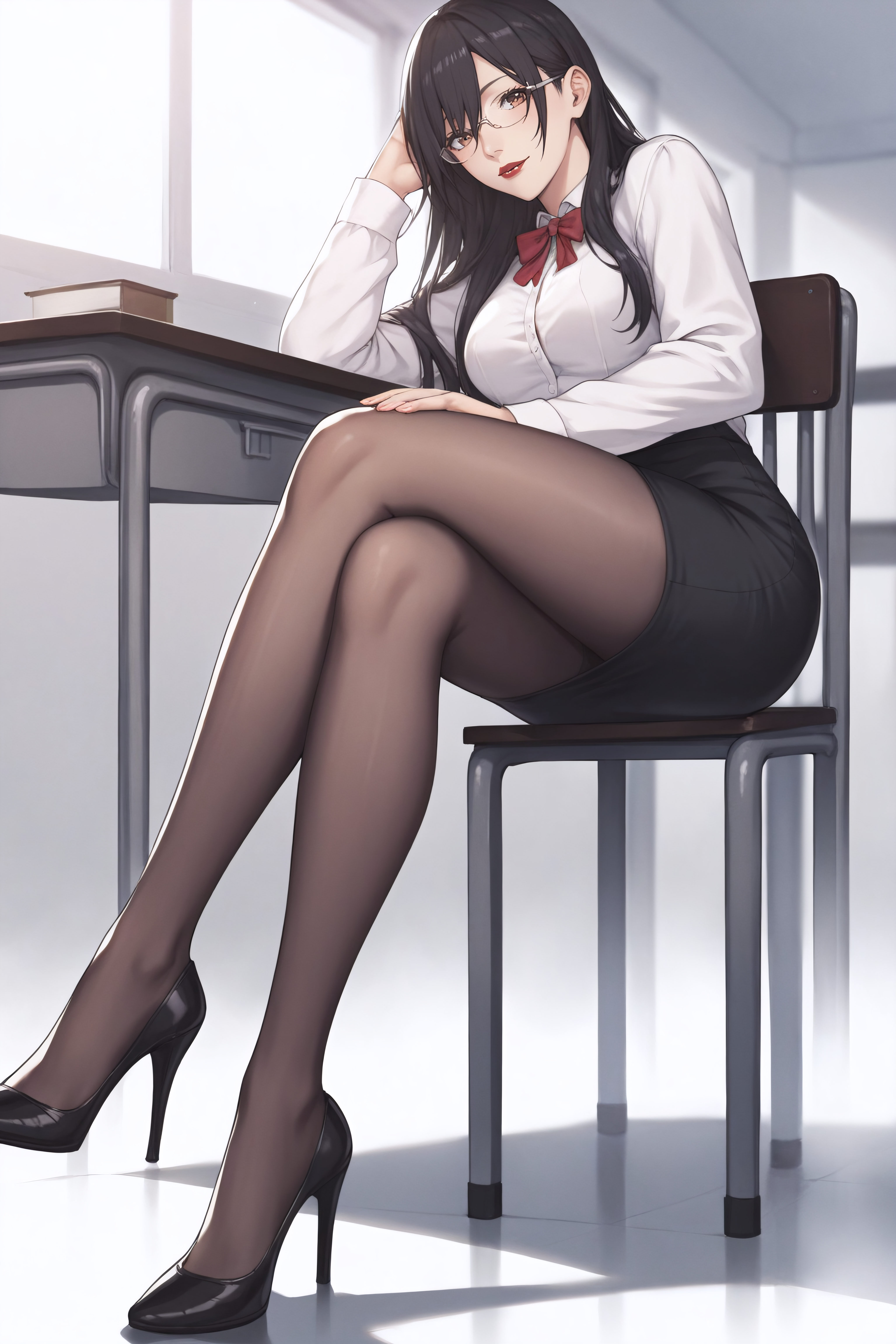 score_9, score_8_up, score_7_up, BREAK source_anime, <lora:Mayuri Hanyuu-PonyXL-lora-Faxtron:0.8> mayuri hanyuu, brown eyes, black hair, long hair, medium breasts, red lips, glasses, white shirt, pencil skirt, black pantyhose, high heels,