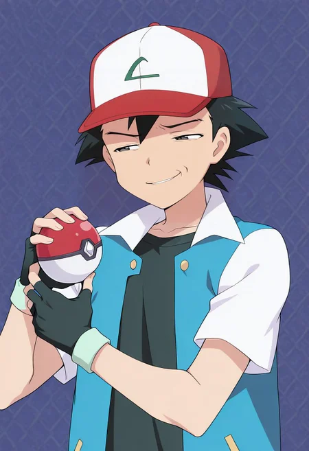<lora:CleanAnime - [Enchanter] - IllustriousXL v4.0:1> IllusP0s, (anime screenshot, anime coloring), 1boy, solo, <lora:Ash_Ketchum_-_Kanto_ILL:0.8> hat, baseball cap, black hair, short hair, jacket, gloves, fingerless gloves, shirt, holding object, holding pokeball, <lora:George_Constanza_Baseball_Bat_Meme_Illustrious:1.8> costanza face, skeptical expression, narrowed eyes, smirk, looking at viewer, upper body