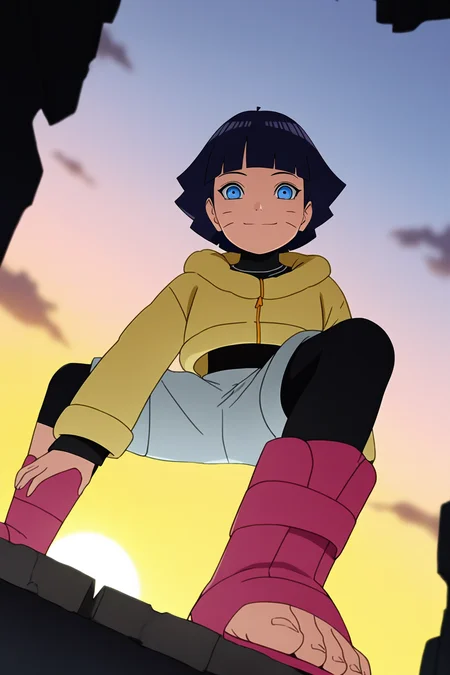 sharp focus, pixiv masterpiece, source_anime, score_9, score_8_up, score_7_up, score_6_up, absurd res, BREAK
<lora:Himawari_Uzumaki_IL_v1-000012:0.9>,uzumaki_himawar1_illu, 1girl, solo, dark_blue_hair, short_hair,yellow jacket, looking at viewer, grey_shorts, black leggings, full body, outside, abandoned village, blurry background, faint smile, pink shinobi_sandals, from below, sunset, close up on feet