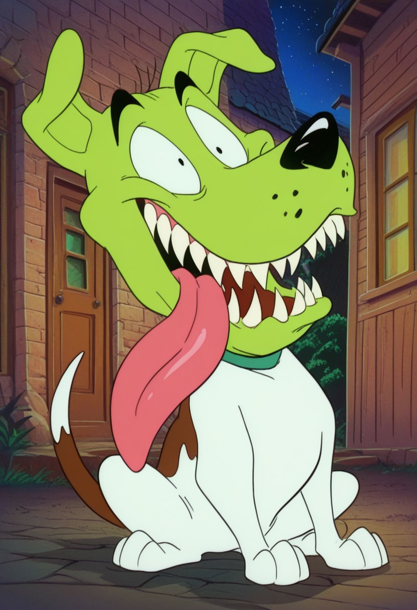 masterpiece, best quality, amazing quality, The Mask dog, Milo, 1boy, dog, jack russel terrier, green head, green face, black eyes, black nose, sharp teeth, long tongue, white and brown fur,, bara, full body, smile