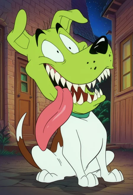 masterpiece, best quality, amazing quality, The Mask dog, Milo, 1boy, dog, jack russel terrier, green head, green face, black eyes, black nose, sharp teeth, long tongue, white and brown fur,, bara, full body, smile