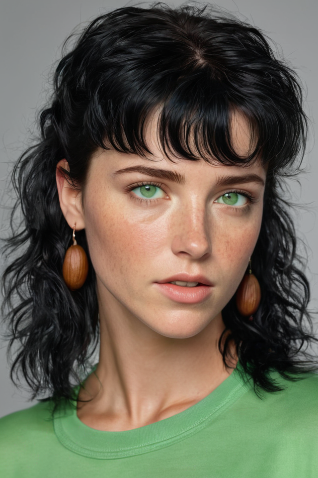 <lora:A_Mullet_Cut_v3_SDXL:0.9> mullet-cut, masterpiece, realistic, 8k, (1woman:1.3), european, (freckles:0.7), hazelnut green eyes, (black hair:1.1)