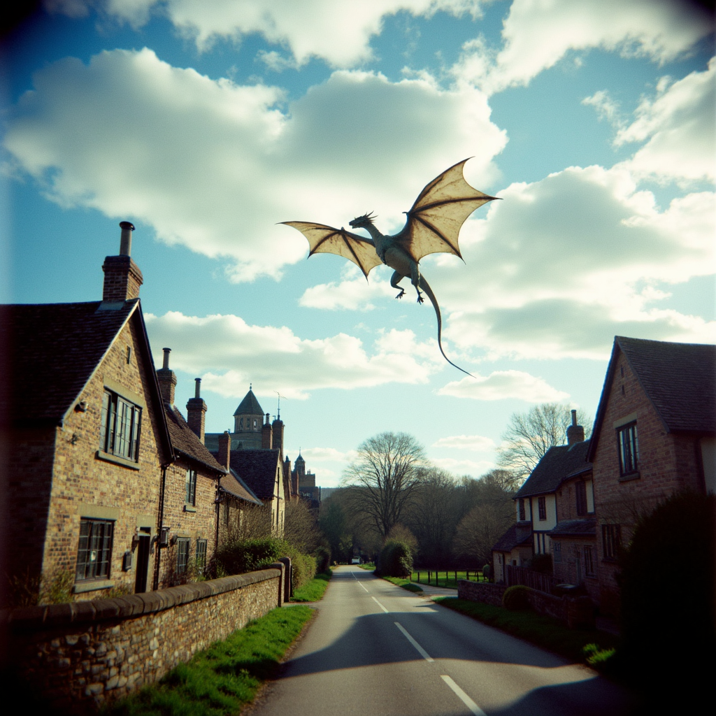 Shot with a Holga camera, a dragon flying in the sky over an english village, shot from the roadside in an english village