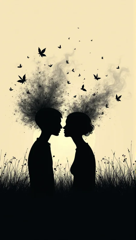 In the style of silhouette art, strong, dark shapes are contrasted against light backgrounds, with detailed edges and minimalist forms conveying powerful imagery through contrast, Ambient lighting, In a surreal landscape, the brains of a man and a woman are transformed into swirling patterns of emotion. The prism of emotions dance and twist in an otherworldly scene, creating a melancholic aura that seems to pulse with energy. Albumen, Nature, Fairy-Tale, World-renowned, Light, Polychromatic, Minimalism Art, grass, Linen, fine polished, dramatic, flowing, rich vivid colors, extremely stylish, very
