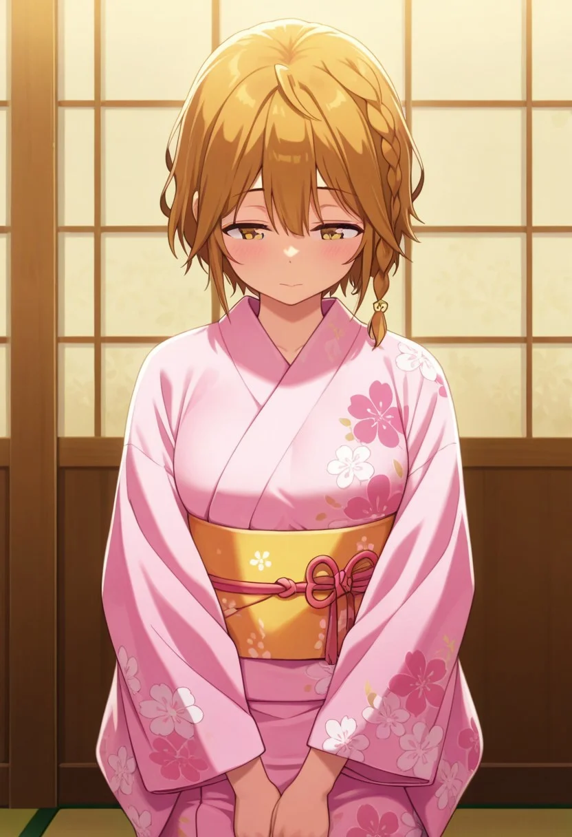 masterpiece,best quality,amazing quality,koiwai yoshino, short hair, braid, brown hair, 1girl, kimono, japanese clothes, solo, pink kimono, floral print, sash, obi, indoors, yukata, print kimono, v arms, long sleeves