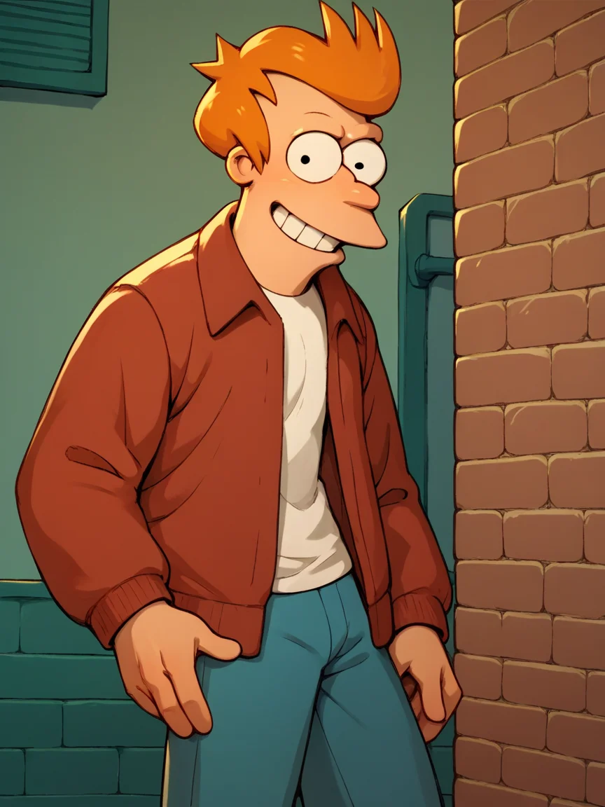 score_9, score_8_up, score_7_up, score_6_up, score_5_up, <lora:FryXLP:1> fry, 1boy, solo, orange hair, jacket, white shirt, pants, smile