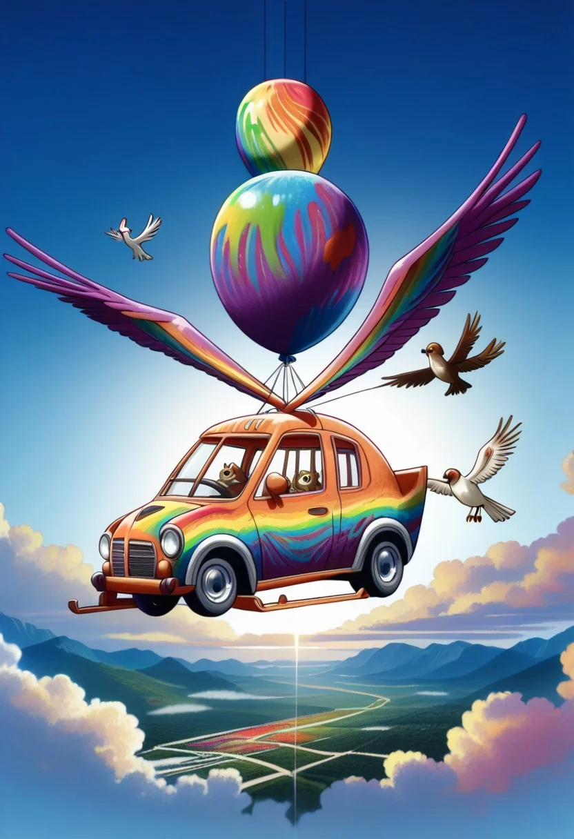 ppstorybook, A whimsical, flying van made of shingles with rainbow-colored paint and oversized wheels, soaring through the clouds with balloons made of shingles trailing behind, surrounded by fluffy clouds made of shingles and playful birds made of shingles , depicted in a cheerful, cartoonish style with soft pastel hues. mad-shingles