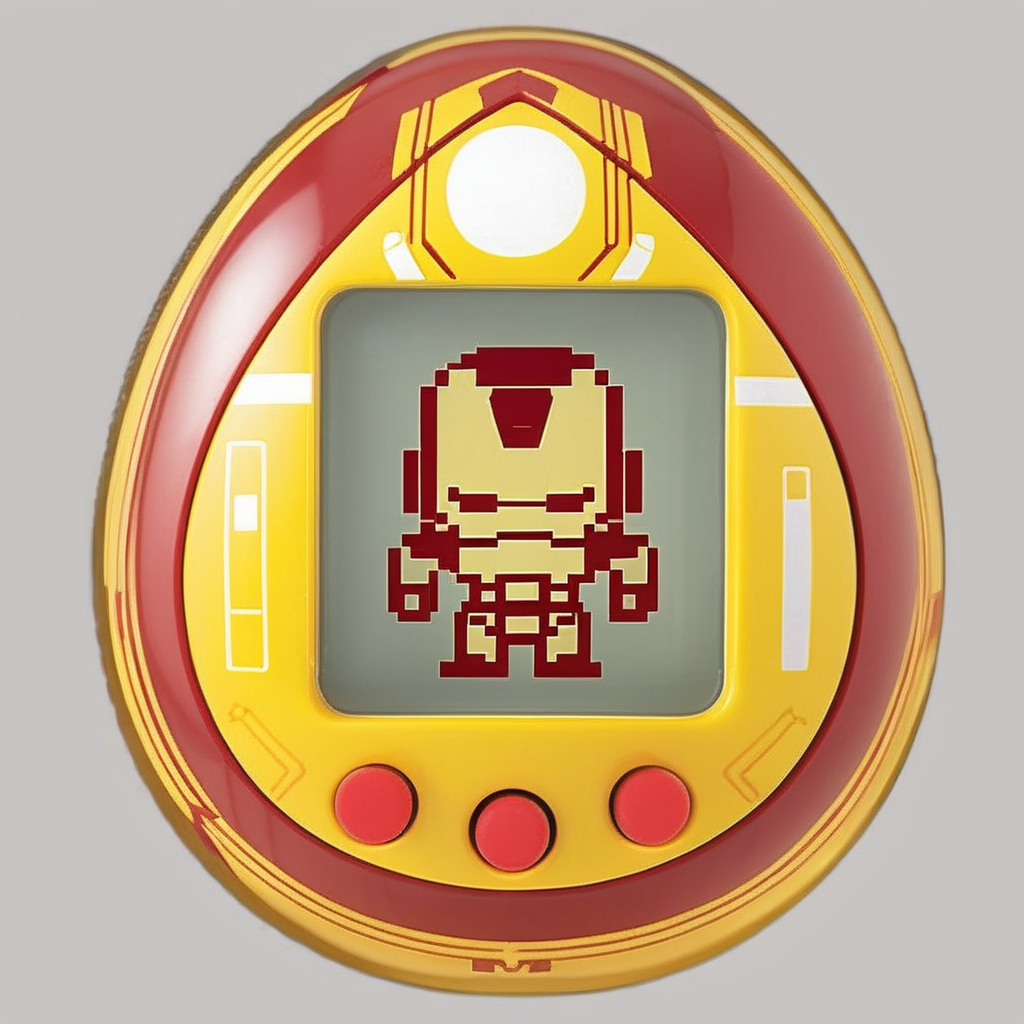 An egg-shaped, yellow virtual pet device is featured with a central screen displaying a  iron Man . The screen is encased within an while ring  ., <lora:egg_bit:0.8>