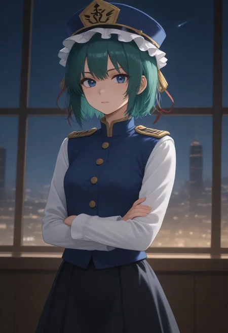 1girl, solo, solo focus, highres, absurdres, shikieiki, green hair, frilled hat, blue eyes, blue headwear, short hair,
long sleeves, black skirt, white shirt, blue vest, red ribbon, epaulettes, small breasts,
looking at viewer, crossed arms,
window, cityscape, neon lights, night, night sky, backlighting,